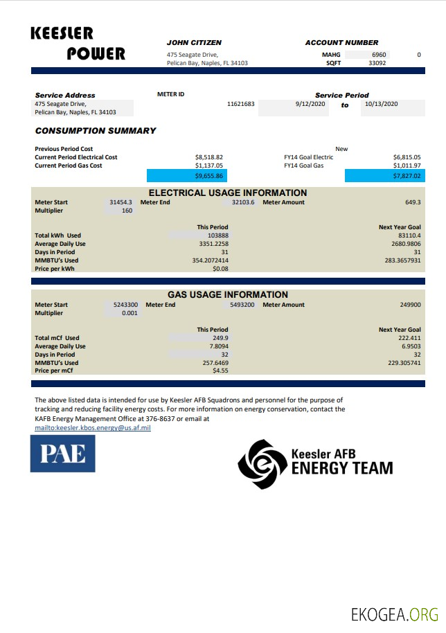 USA Mississippi Keesler AFB Energy utility bill template in Word and PDF format